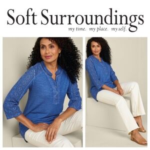 Soft Surroundings Draco Top Tunic Shirt Sz Large 12 14 Blue Lace Boho Peasant
